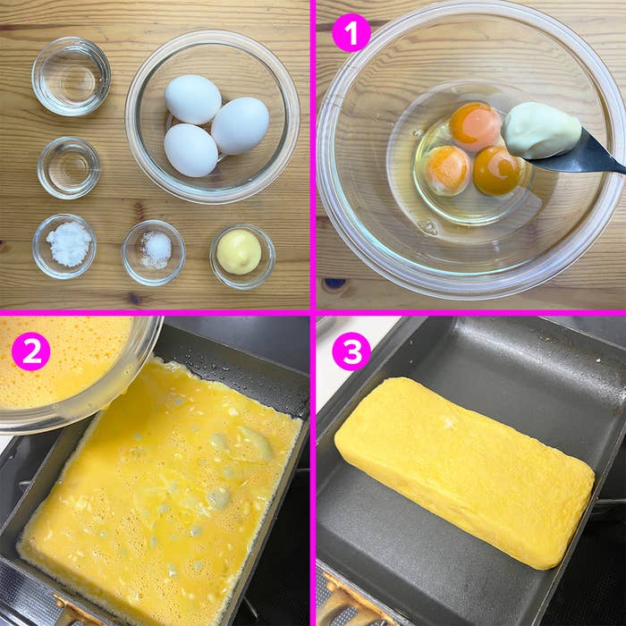 卵料理の作り方を示す4枚の画像。材料表示から完成したオムレツまで。