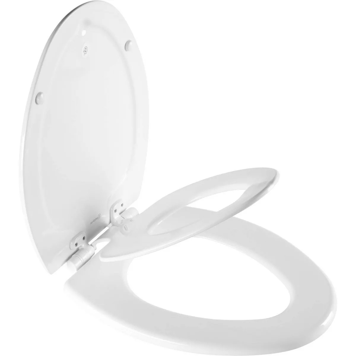 White toilet seat with lid open, positioned slightly angled on a plain background, product display for shopping