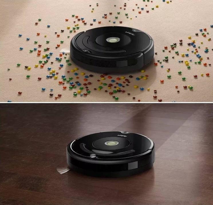 Two images of a robot vacuum cleaning scattered small objects on a wooden floor