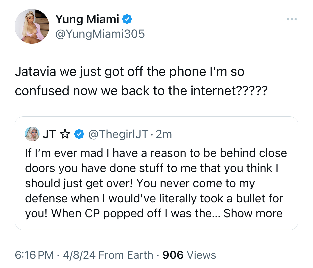 Two tweets from Yung Miami and JT discussing a confusing phone call and defending against internet criticism