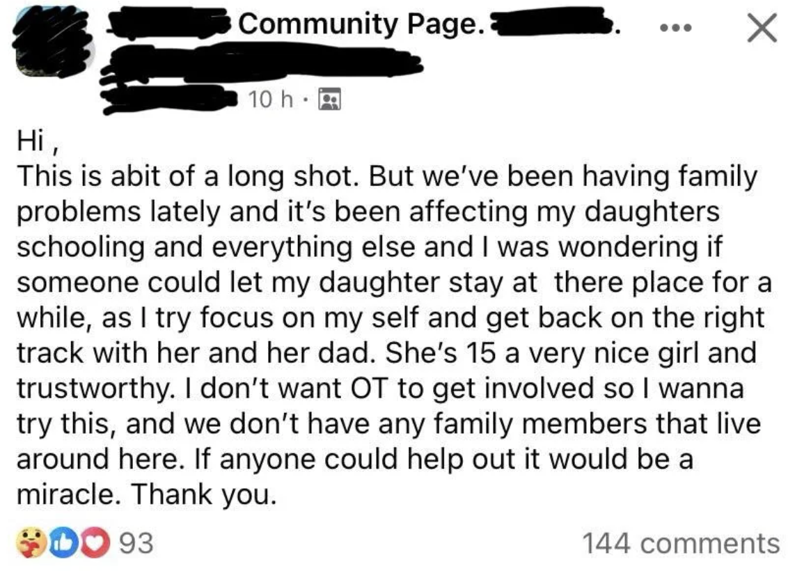Post seeking family support for daughter, mentions trust issues with her father, and requests help from the community
