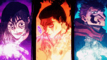 Paneles de personajes de Demon Slayer: Tanjiro, Nezuko y Inosuke expresan emociones intensas