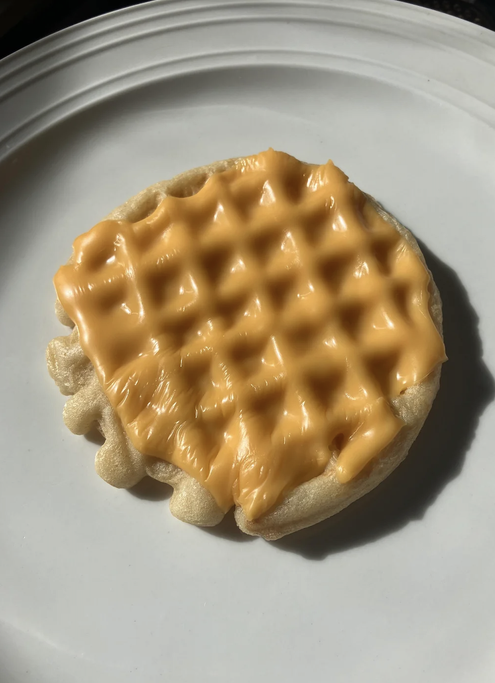 Melted cheese on a waffle, on a white plate under sunlight