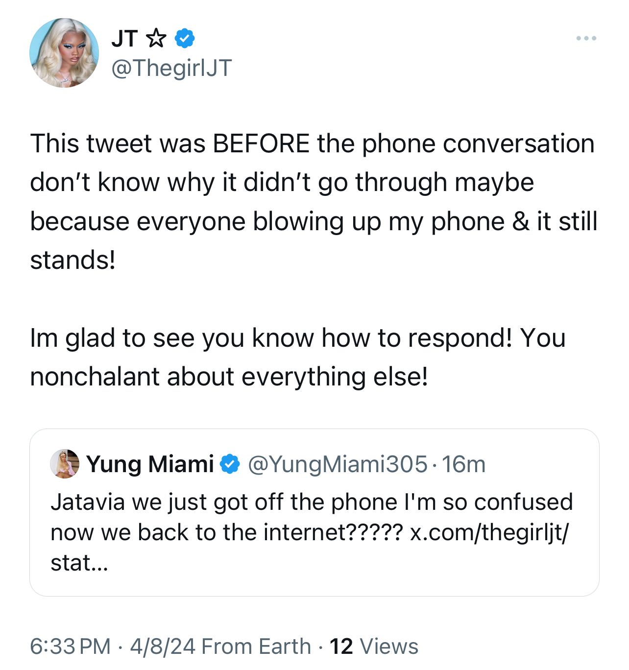 Tweet by JT expressing frustration over phone calls interrupting her response to Yung Miami&#x27;s tweet about confusion on the internet
