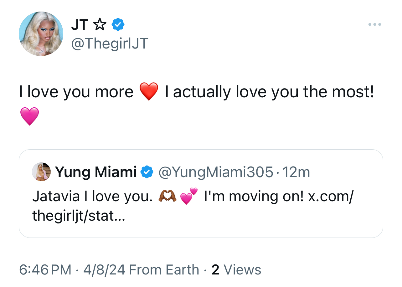 JT and Yung Miami tweet loving exchanges with heart emojis