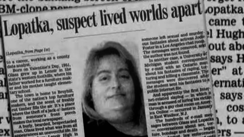 Newspaper clipping featuring a headline about a suspect with a photo of a woman and accompanying text