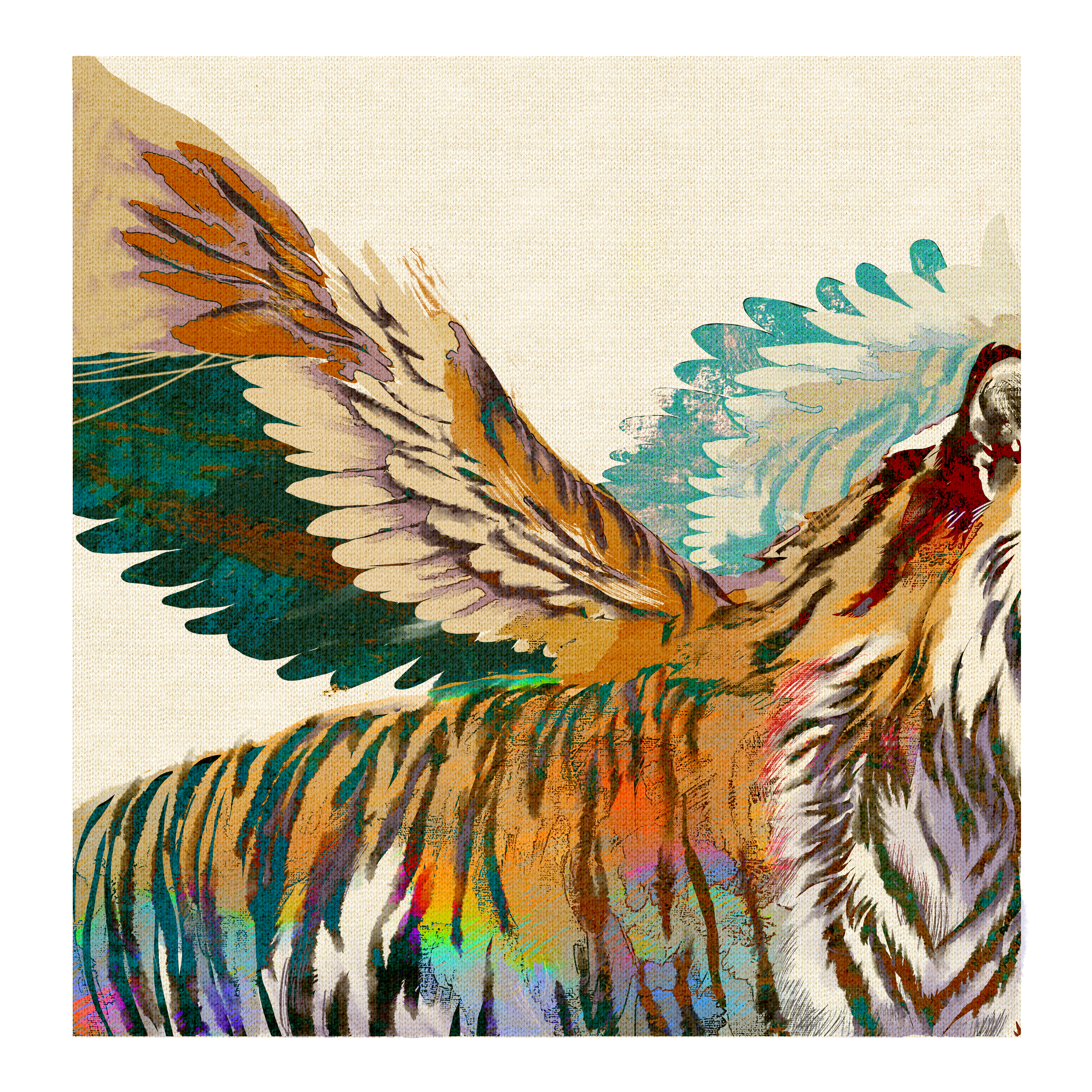 抽象的なスタイルで描かれた羽を広げた鳥のアートワーク。