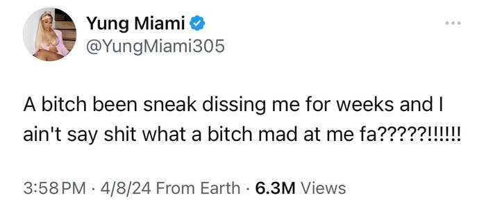 Tweet by Yung Miami expressing frustration about someone sneak dissing her for weeks without her response, questioning why they&#x27;re mad at her