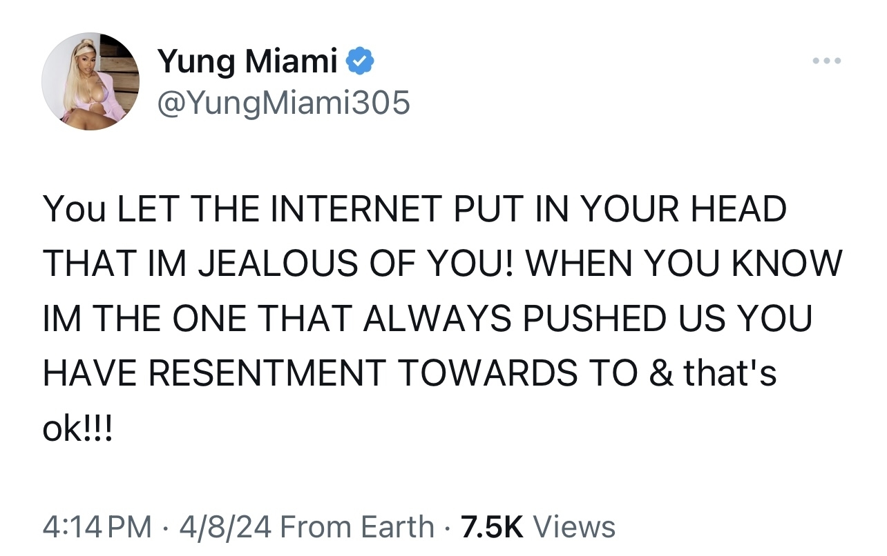 Yung Miami tweets about not being jealous and always supporting someone despite internet rumors