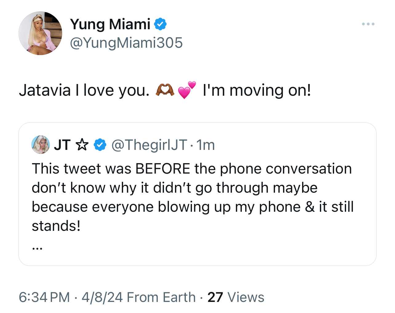 Tweet by JT expressing love for Jatavia and mentioning a phone call issue due to many incoming calls