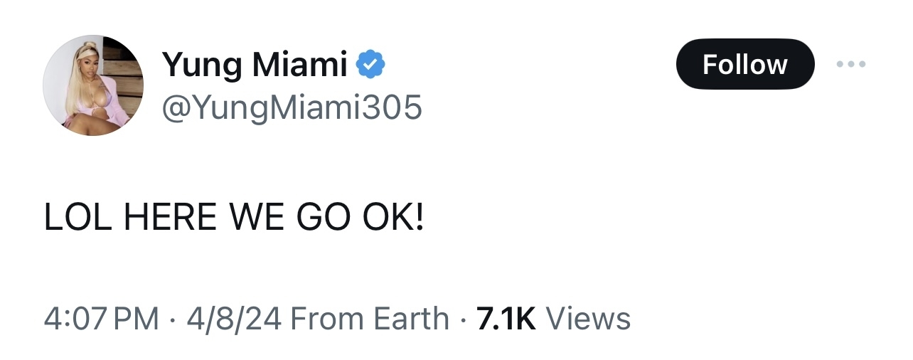 Tweet from Yung Miami saying &quot;LOL HERE WE GO OK!&quot; includes timestamp and view count