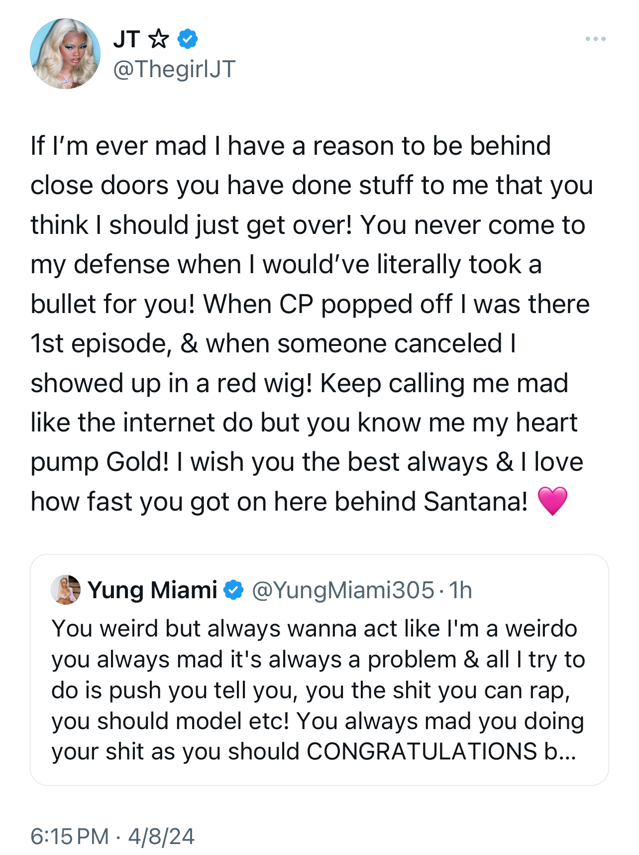 A screenshot of tweets by @ThegirlJT and @YungMiami305 discussing personal resilience, support, and congratulations on achievements