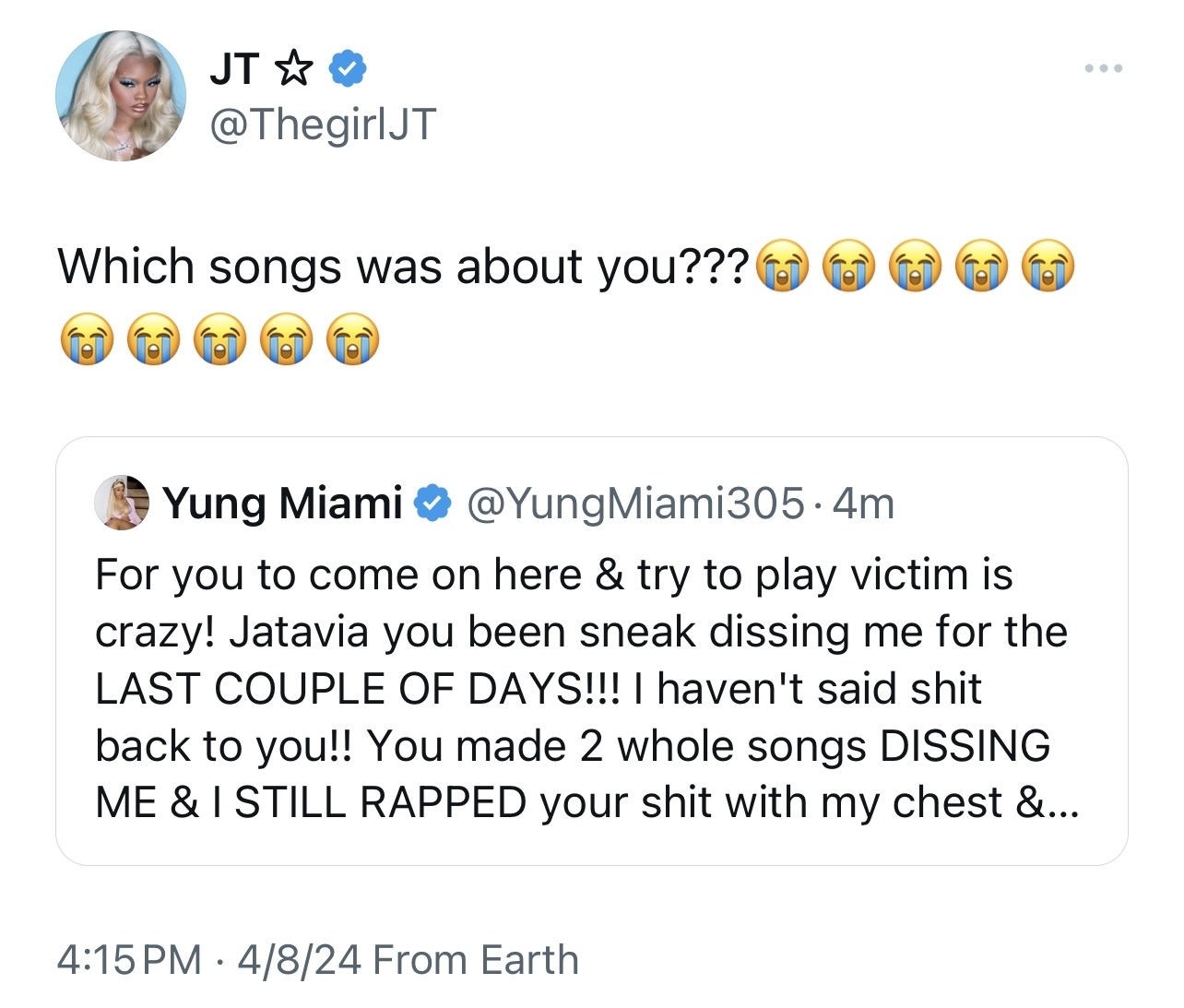 Two tweets from JT and Yung Miami discussing a disagreement over songs written about someone, expressing emotions and conflict