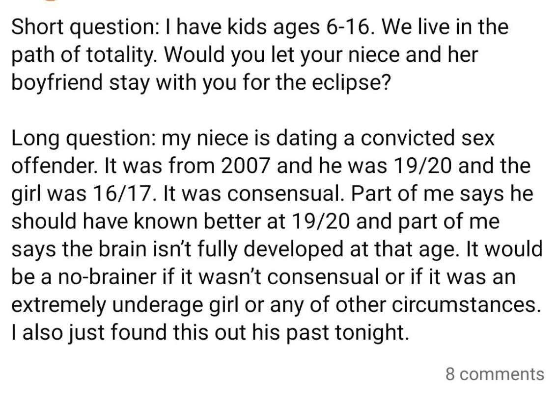 Question about whether a niece should let her boyfriend, a convicted sex offender, stay over during the eclipse; concerns due to kids in home