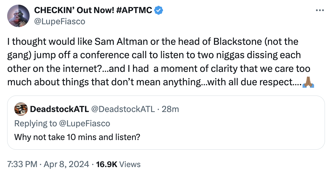 Tweet by @LupeFiasco discussing the idea of influential figures like Sam Altman jumping on a conference call to address issues, with a reply by @DeadstockATL suggesting a 10-minute listen