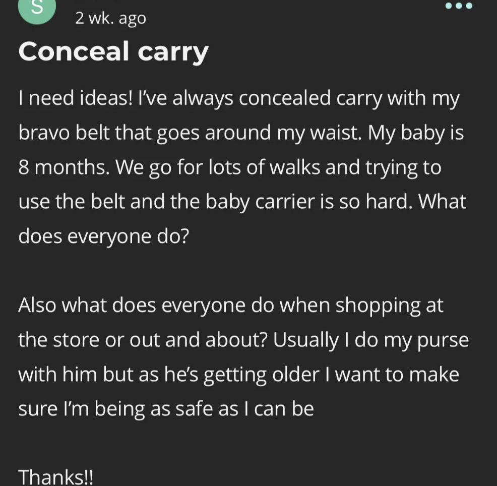 Forum post asking for advice on carrying essentials with a baby, discussing methods for convenience and safety