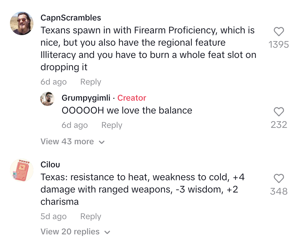Screenshot of TikTok comments about stat bonuses of Texas