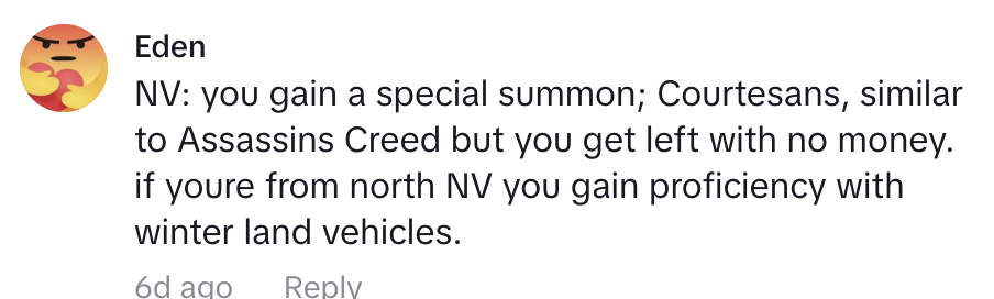 A person sharing stat bonuses about Nevada