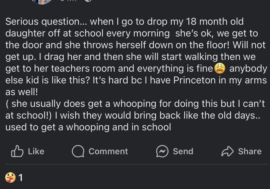 A social media screenshot discussing a parent&#x27;s concern about their child&#x27;s behavior when dropped off at school