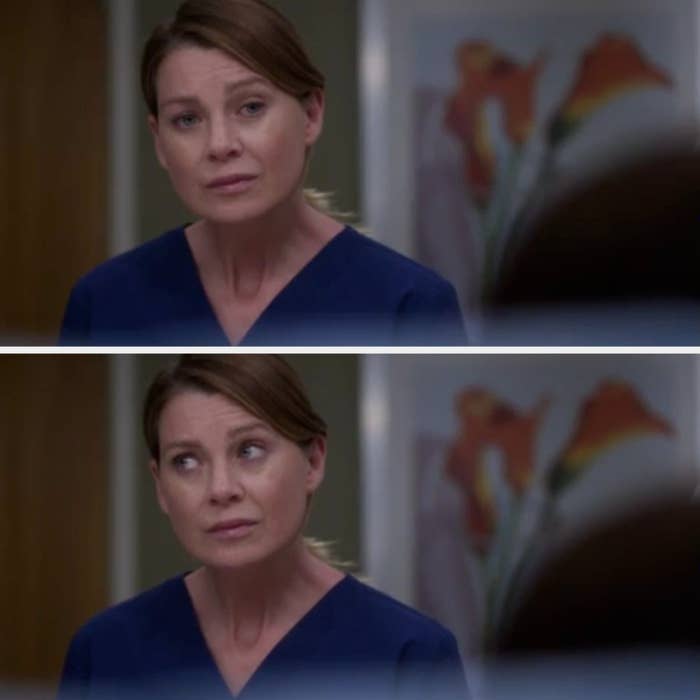 Two images of a woman (Ellen Pompeo as Meredith Grey) with a concerned expression in a medical drama setting