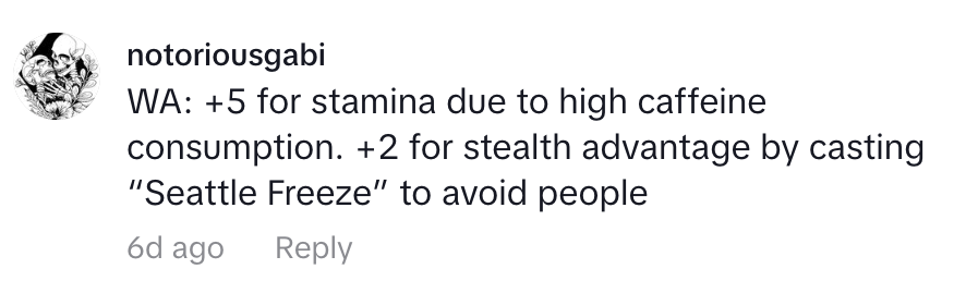 Social media comment about gaining stamina from caffeine and avoiding people with &quot;Seattle Freeze&quot;