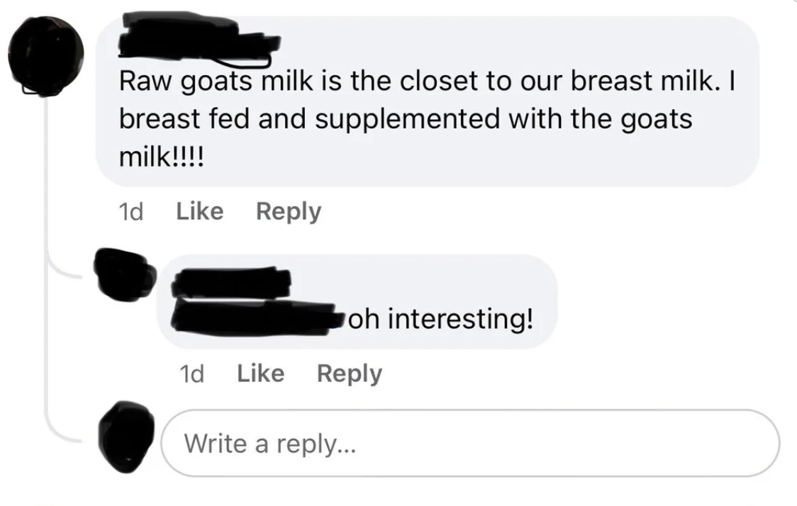 Social media screenshot of a conversation about using goat&#x27;s milk for infant feeding, with positive feedback from a reader