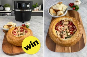 Air fryer on kitchen counter and a bread bowl with dip on a wooden board, sticker with text 'win'