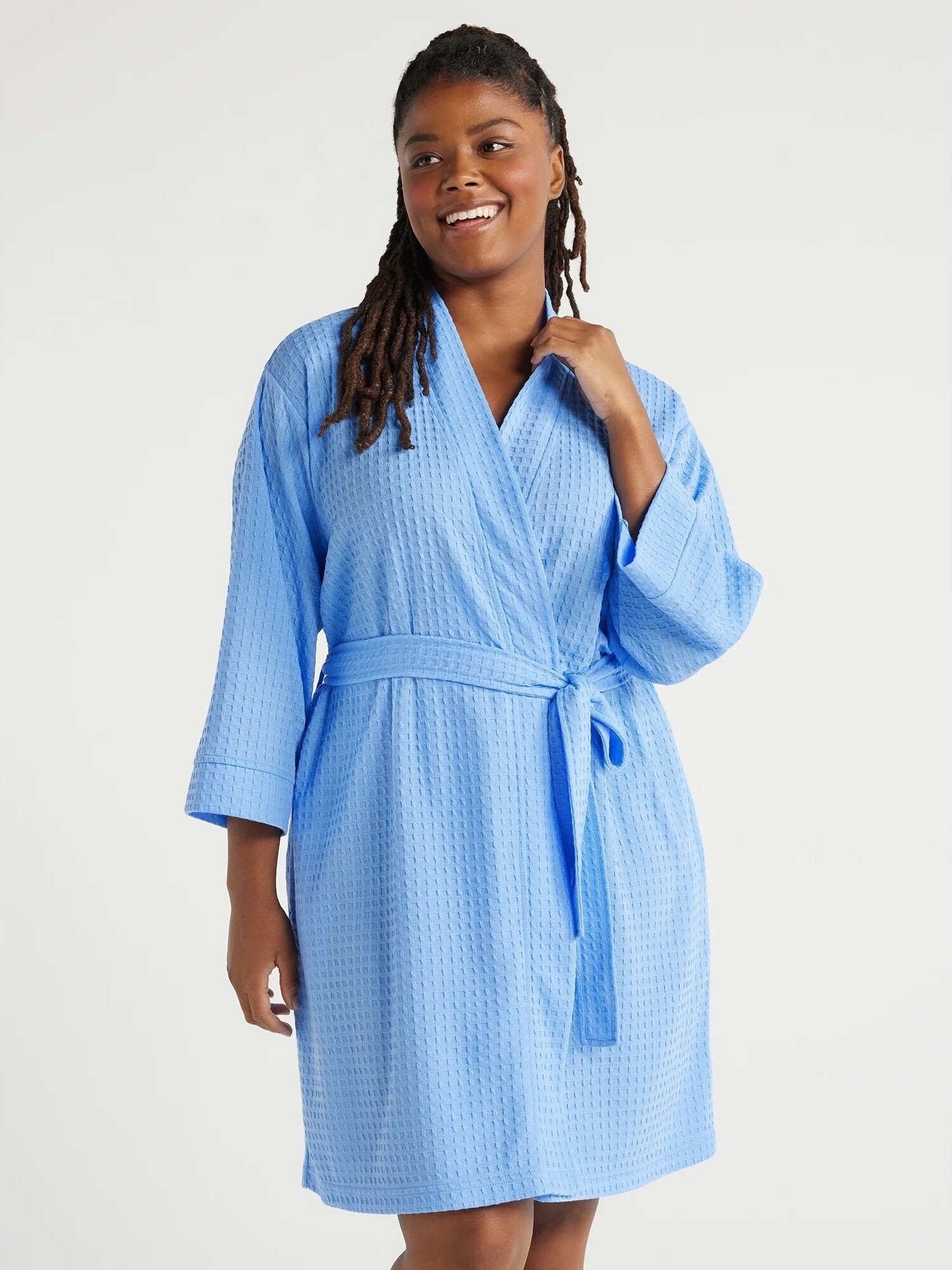 Model in the waffle robe in blue
