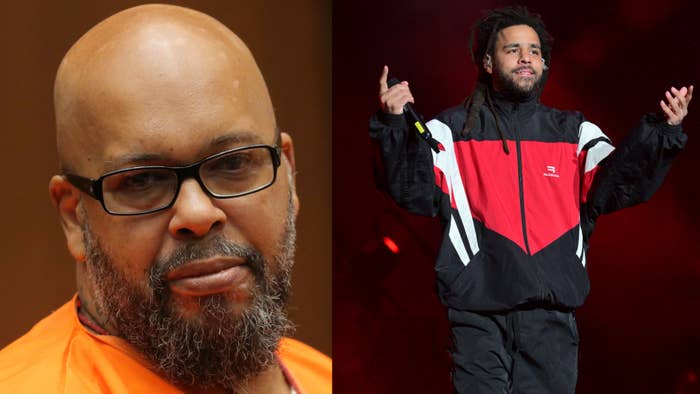 Suge Knight on the left, J Cole in a performance jacket on the right, at a music event
