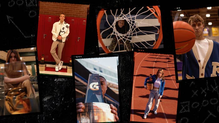 Collage of various people in sporty attire, with basketball themes, including a person posing by lockers and another peering through a hoop