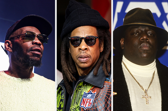 Three male hip-hop artists side by side, each wearing distinct styles of hats and necklaces