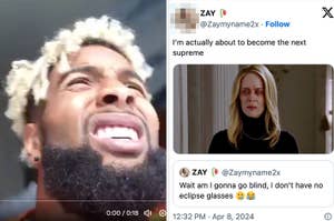 Split-screen. Left: person laughing. Right: fictional character with a stern expression. Bottom: Two humorous text tweets about becoming supreme and eclipse glasses