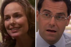 Split screen of TV characters Jan Levinson and Michael Scott from "The Office."
