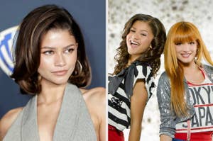 Zendaya in a gray top, next to her character Rocky wearing a graphic tee and red pants