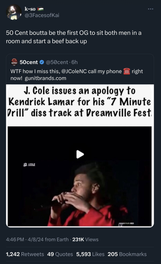 Tweet showing an article with headline about J. Cole issuing an apology to 50 Cent, includes a video thumbnail
