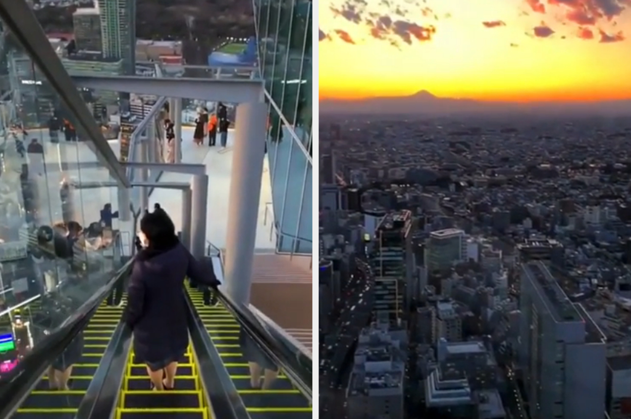 Person on glass-floored observation deck overlooking a cityscape at sunset