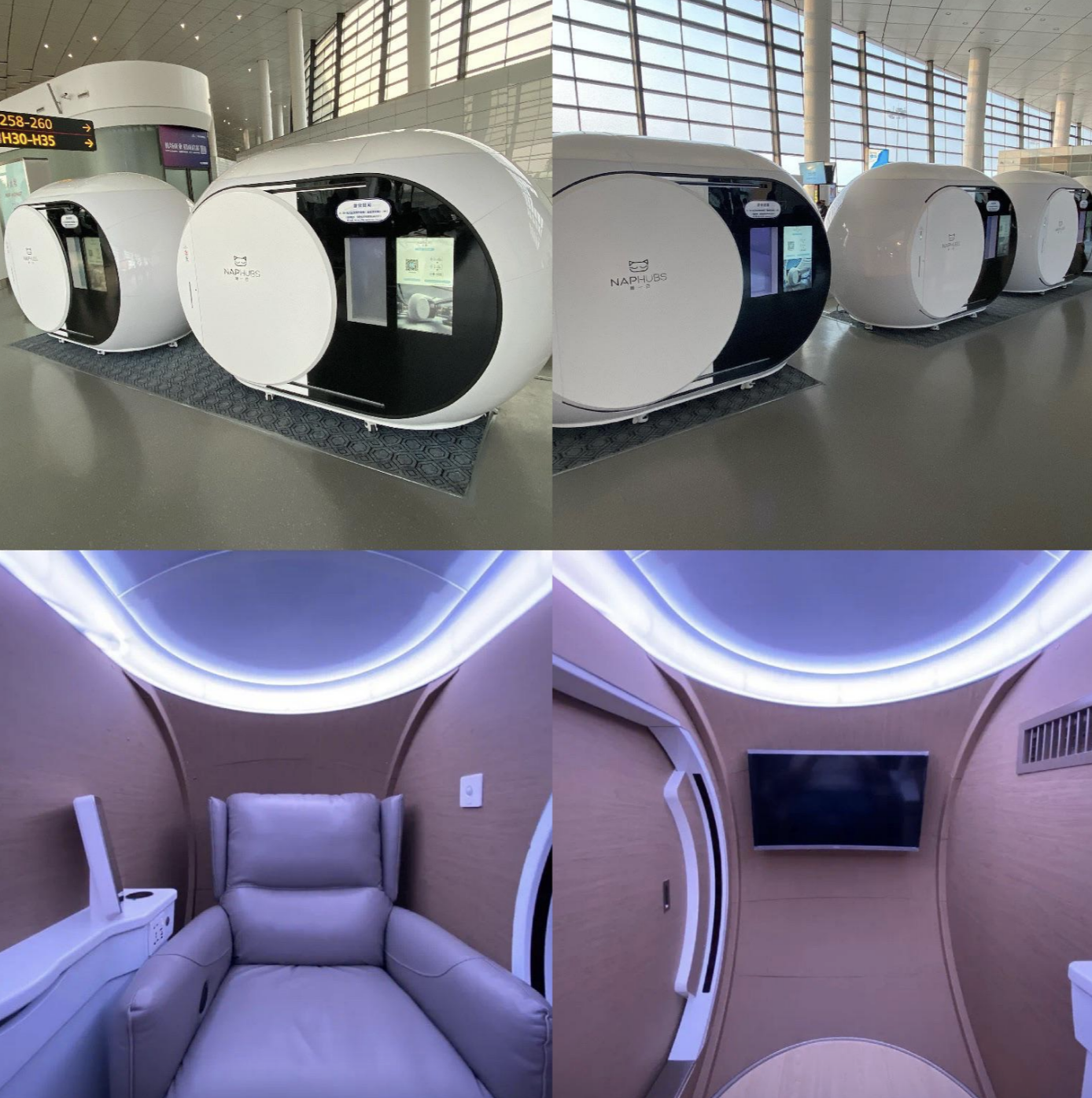 Compact sleeping pods in an airport with a chair and TV inside