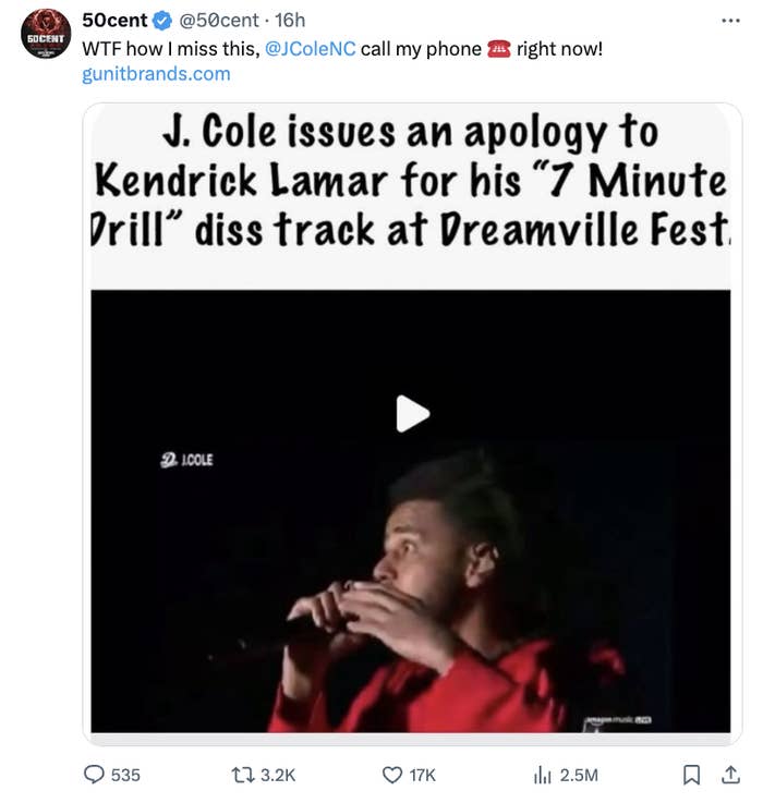 J. Cole on stage speaking into a microphone, a tweet by 50cent discussing phone call with Kendrick Lamar about a diss track