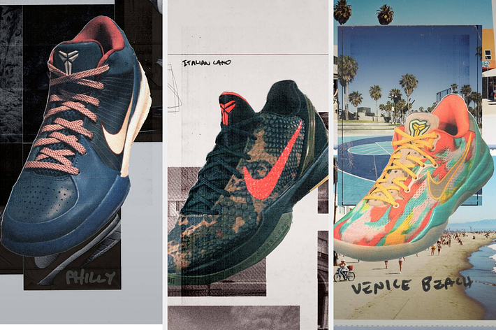 Three different sneaker styles displayed with urban and beach backdrops