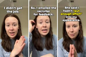 Woman expresses frustration about job search, referencing interview effort and feedback