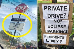 Signs at a business jokingly notify that the solar eclipse is not the apocalypse and that their parking is for residents only during the event