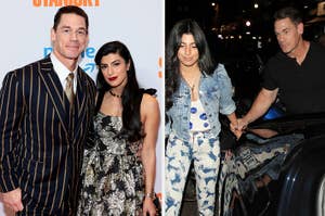 John Cena in a pinstripe suit with a companion at an event, and again holding a car door open for a denim-clad companion