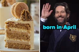 On the left, a slice of spice cake, and on the right, Paul Rudd smiling and waving on SNL labeled born in April