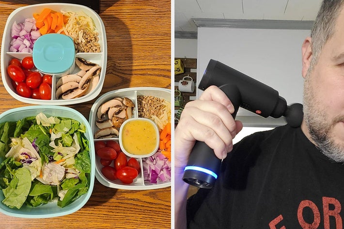 bento boxes filled with salads; reviewer using massage gun on their shoulder