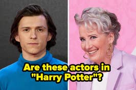 Two side-by-side photos featuring a young man in a blue turtleneck and an older woman in a pink blazer smiling, both actors not in "Harry Potter."