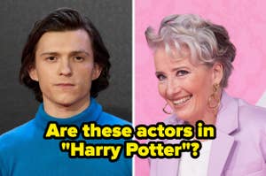 Two side-by-side photos featuring a young man in a blue turtleneck and an older woman in a pink blazer smiling, both actors not in "Harry Potter."