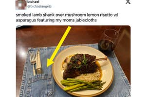 Plate with steak, risotto, and asparagus on a tablecloth, next to a wine glass and cutlery. Text overlay describes the meal