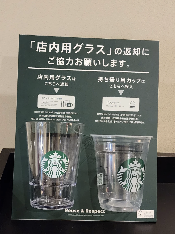 Sign instructing to sort Starbucks cups for recycling, with illustrations of cups and dedicated disposal slots