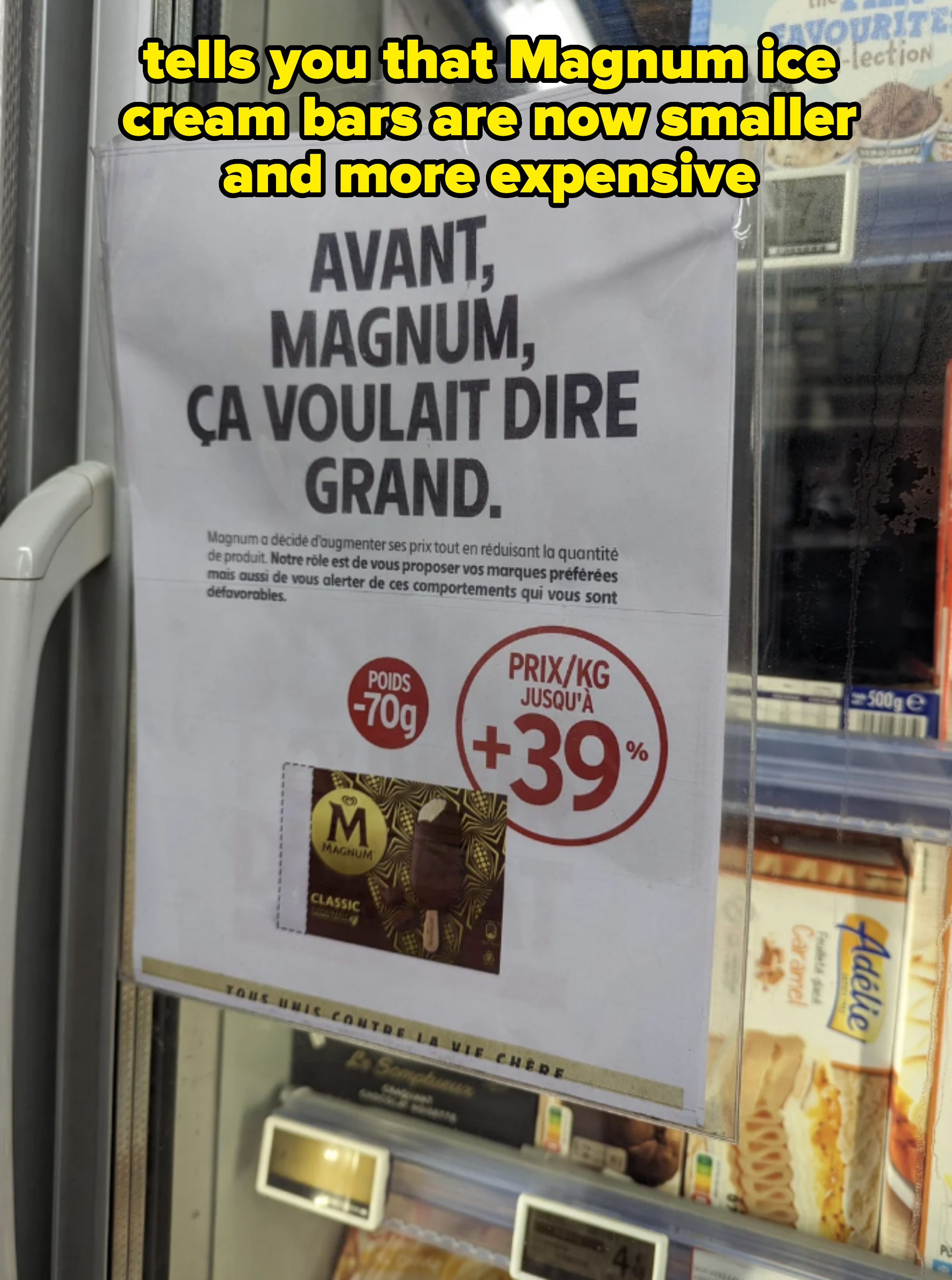 Advertisement for Magnum Classic ice cream showing increased product size with &quot;+39%&quot; highlighted, next to a freezer