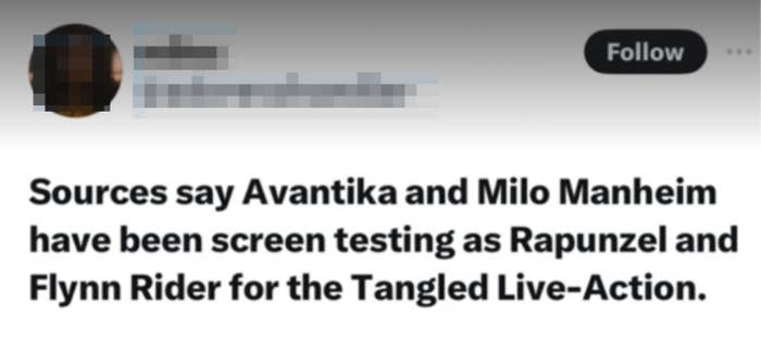 Tweet suggesting Avantika and Milo Manheim screen tested as Rapunzel and Flynn for Tangled live-action